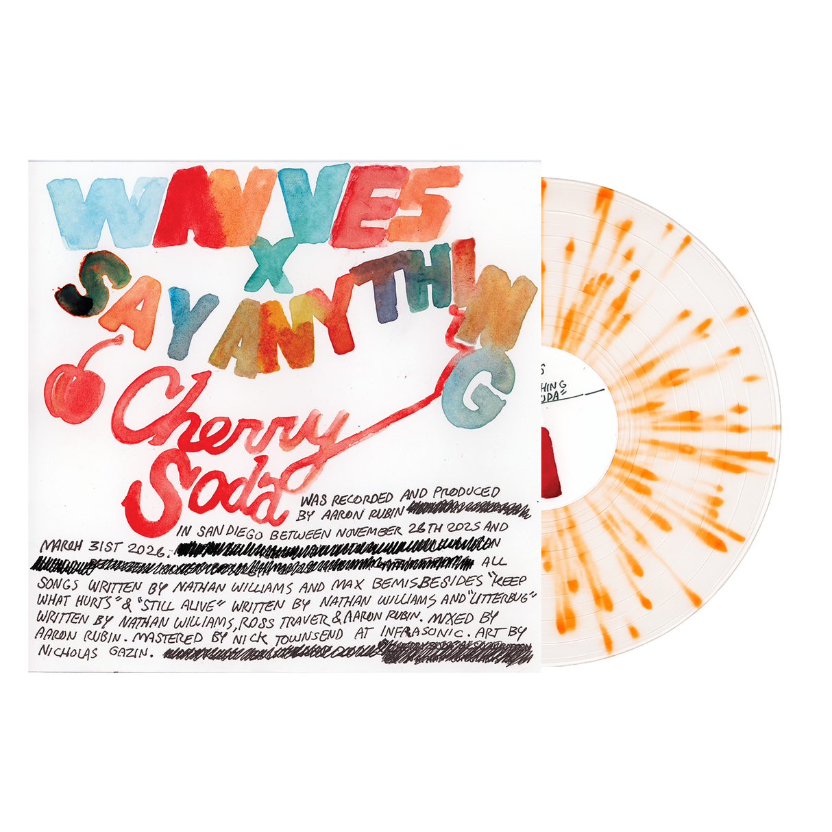 Wavves x Say Anything - Cherry Soda "Milky White & Orange Splatter" 12" Vinyl w/ Signed Print