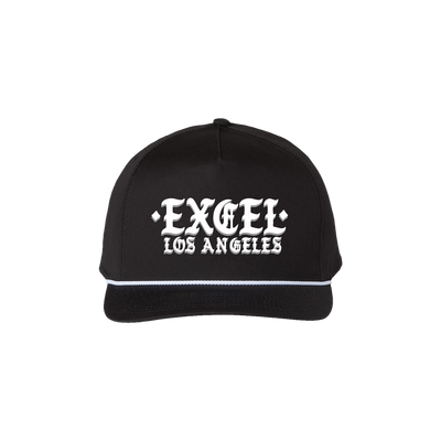 a black hat with white text on it