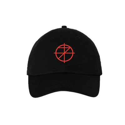a black hat with a red circle on it