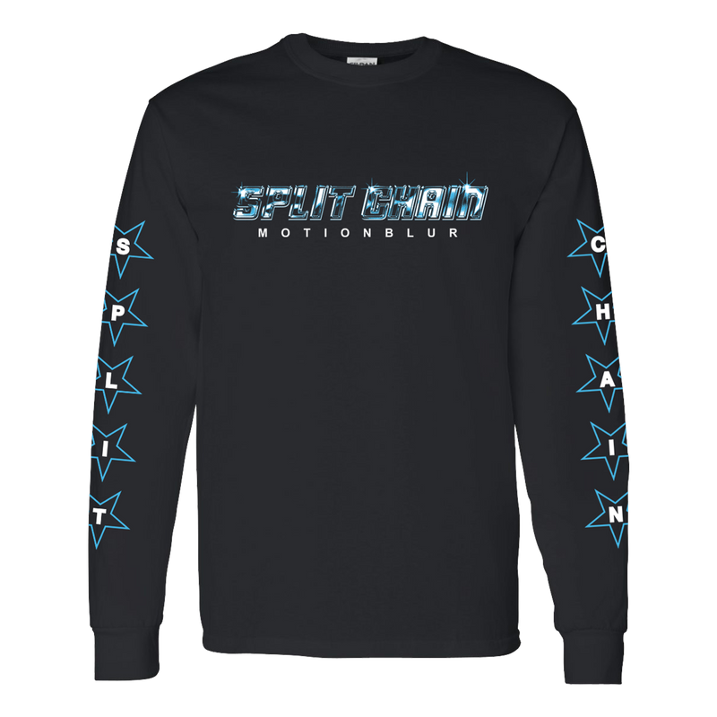 a long sleeved black shirt with white text and blue stars