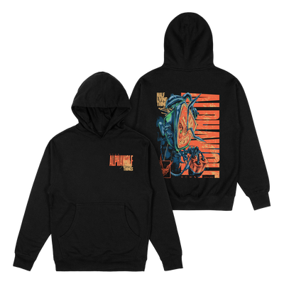 a black hoodie with orange and black graphic on it