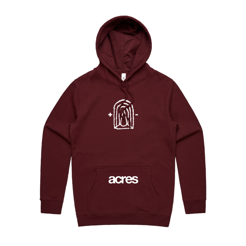 a maroon hoodie with white text on it