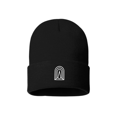 a black beanie with a white logo