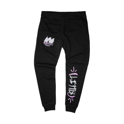 a black pants with pink writing on it