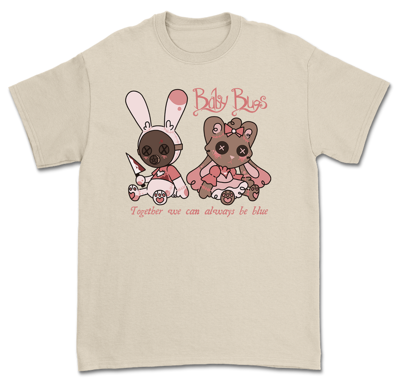 a white t-shirt with pink and white cartoon characters
