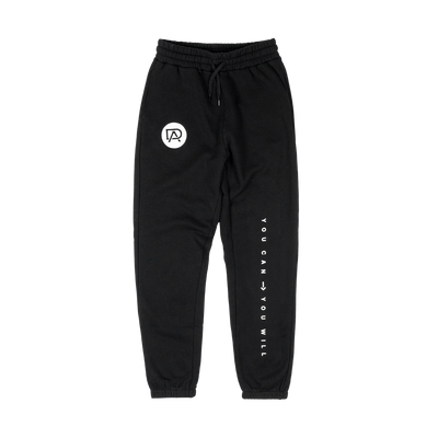 a black sweatpants with white text