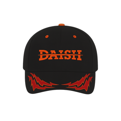 a black hat with orange flames on it