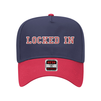 a blue and red hat with red text
