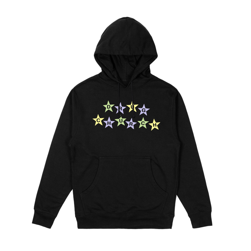 a black sweatshirt with colorful stars on it