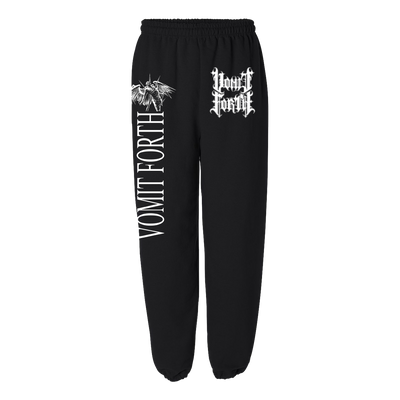 a pair of black sweat pants with white text