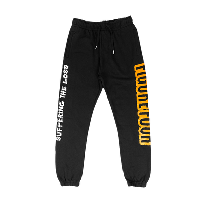 a black sweatpants with yellow text