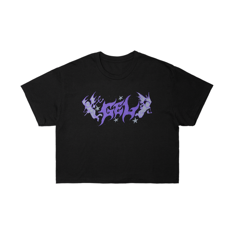 a black shirt with purple graphics on it