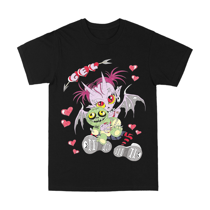 a black t-shirt with cartoon characters on it