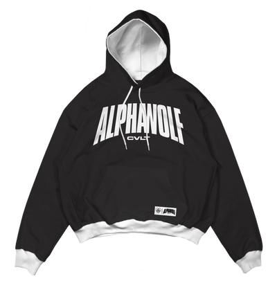a black and white hoodie with white text