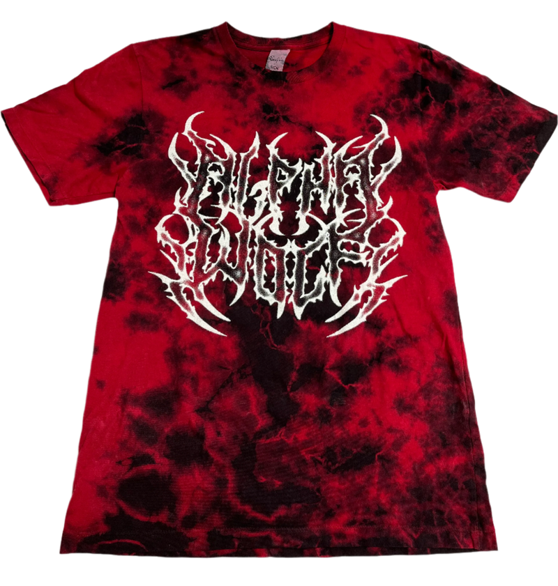 a red and black shirt with white text