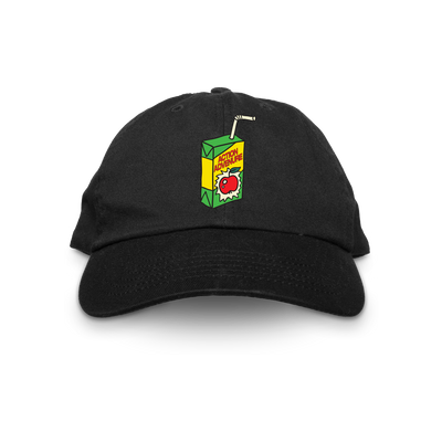 a black hat with a picture of a juice box on it