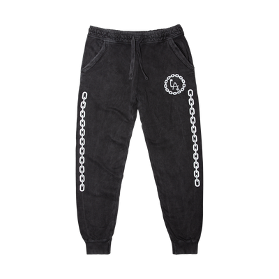 a pair of black sweatpants with white chains on them