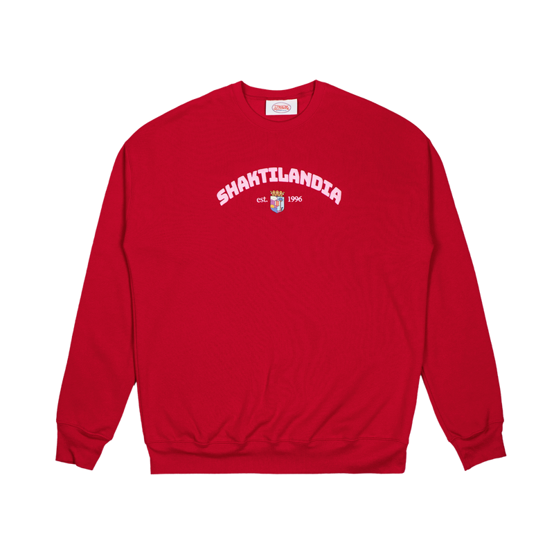 a red sweatshirt with white text on it