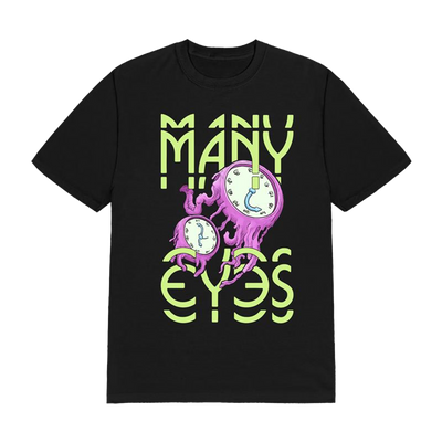 a black t-shirt with a purple clock and white text