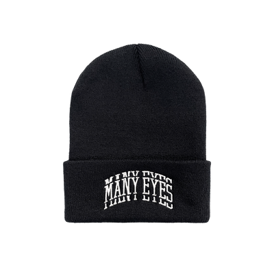 a black beanie with white text on it