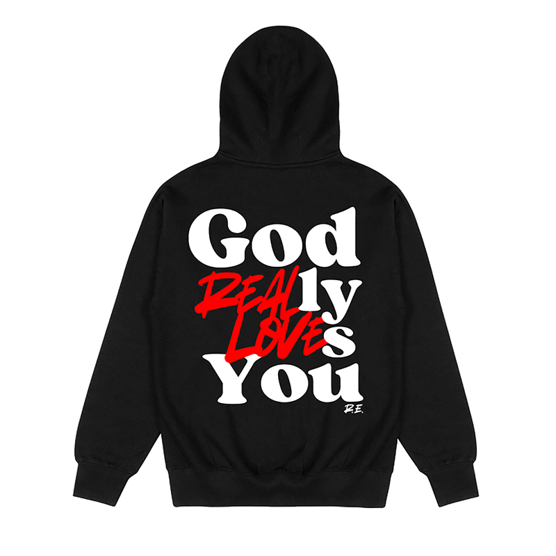 a black sweatshirt with white text on it