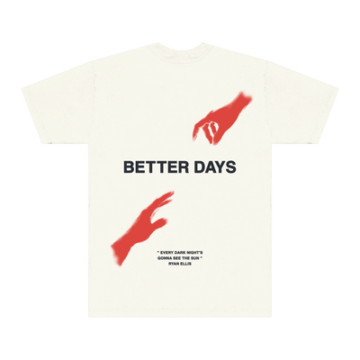 a white t-shirt with red hands on it
