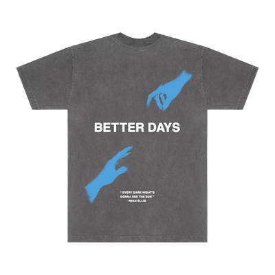 a grey t-shirt with blue hands on it