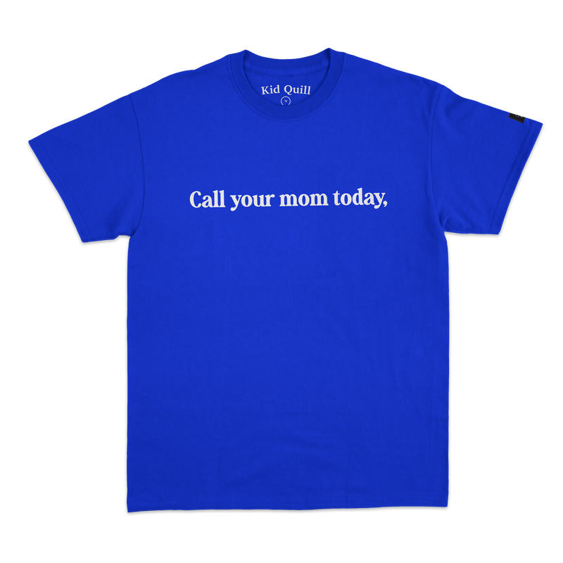 a blue shirt with white text