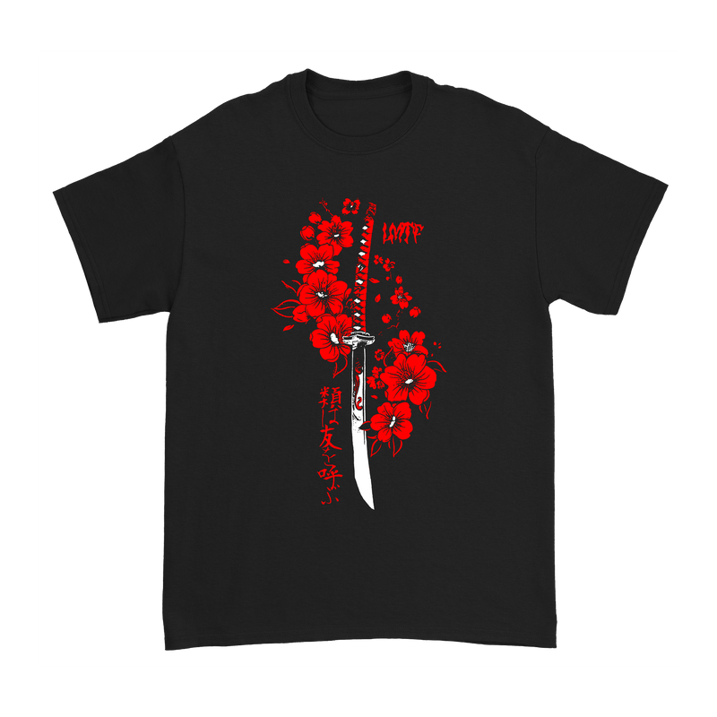 a black t-shirt with red flowers on it