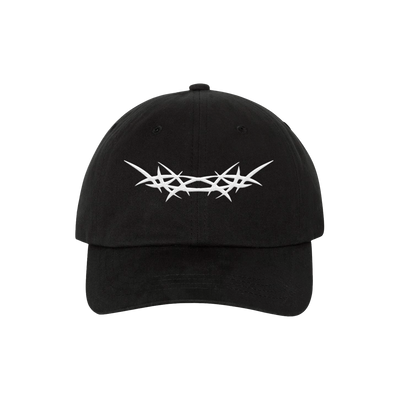 a black hat with white design on it