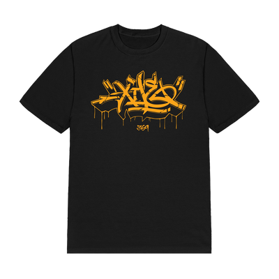 a black shirt with yellow graffiti on it