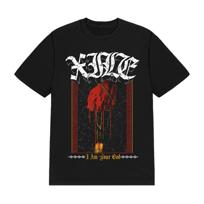 a black shirt with a red and white design