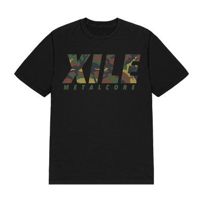 a black t-shirt with a camouflage design