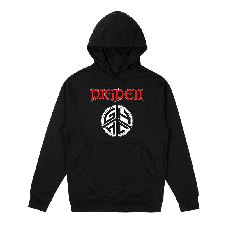 a black sweatshirt with a logo on it