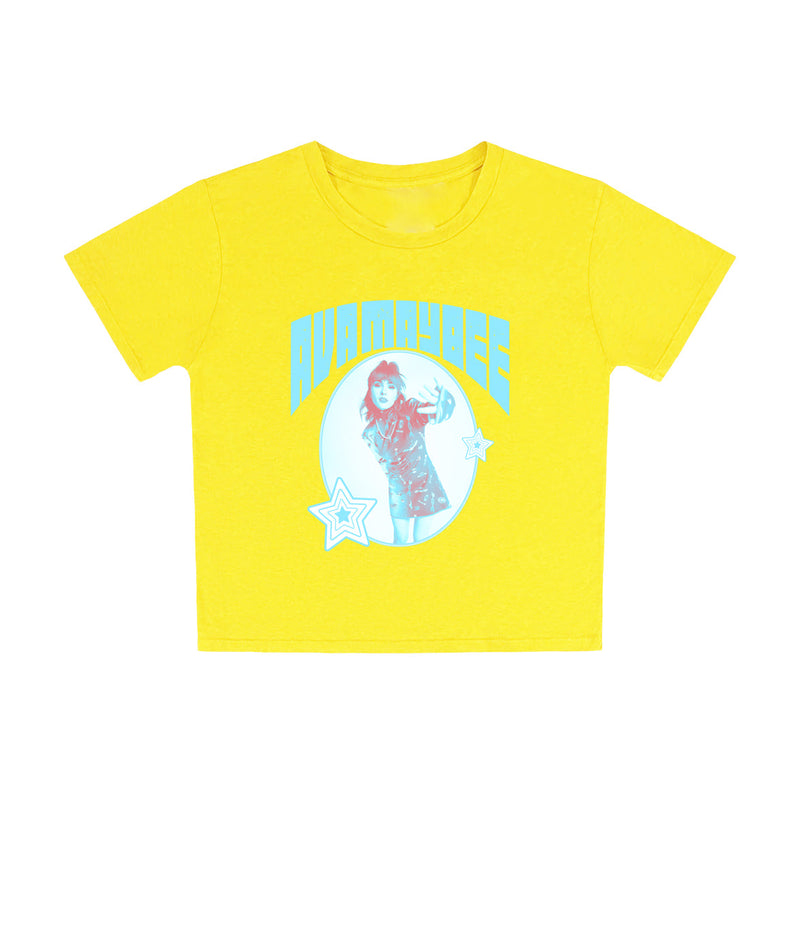 a yellow shirt with a picture of a girl