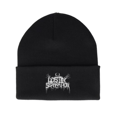 a black beanie with white text on it