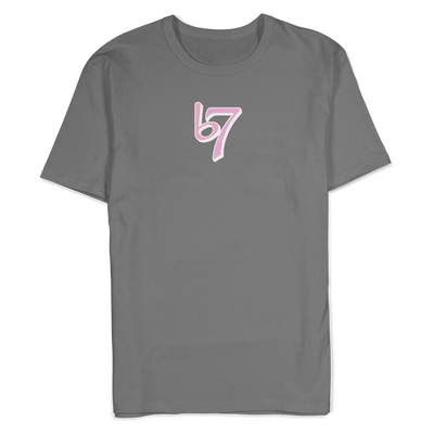 a grey t-shirt with pink numbers on it