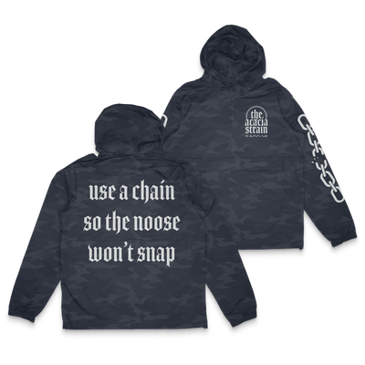 a black jacket with white text on it