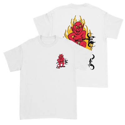 a white t-shirt with red cartoon character on it