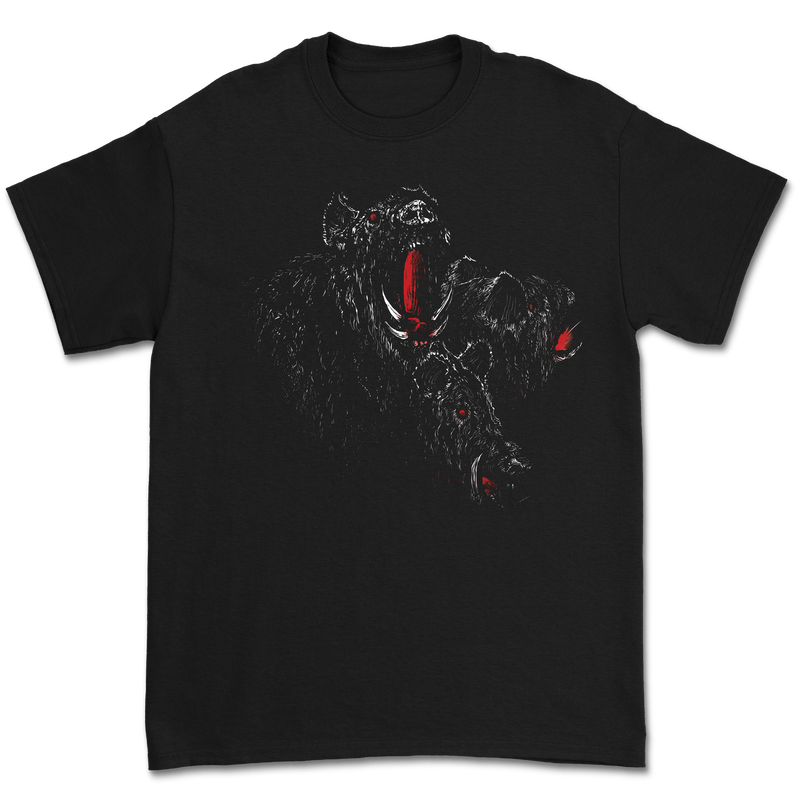 a black t-shirt with a red and white design