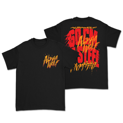 a black t-shirt with red and yellow text