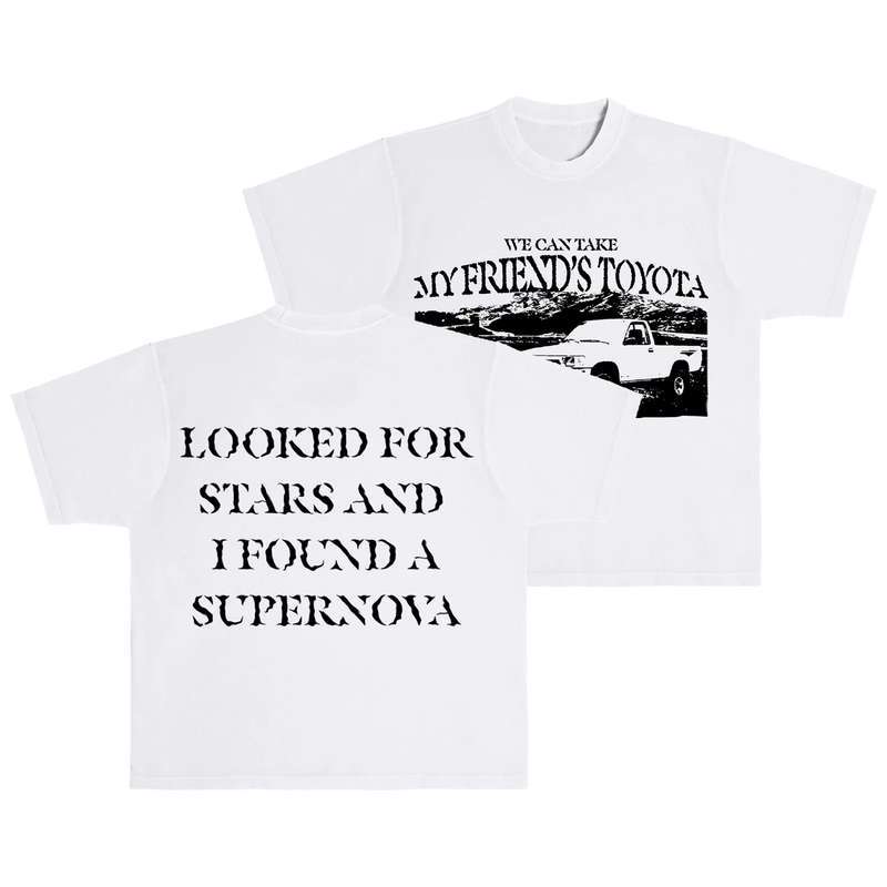 a white t-shirt with black text