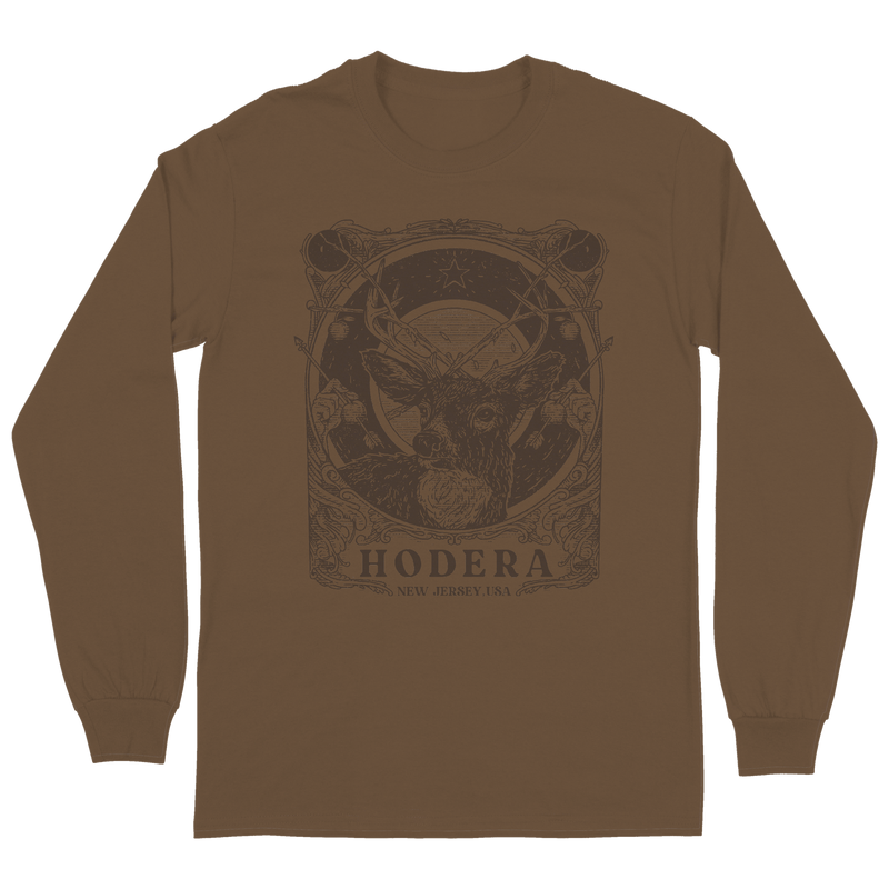 a brown long sleeved shirt with a bull head on it