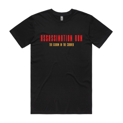 a black shirt with red text