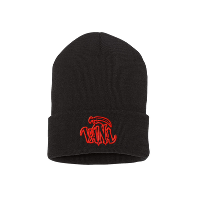a black beanie with red logo