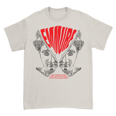 a white t-shirt with red text and face on it