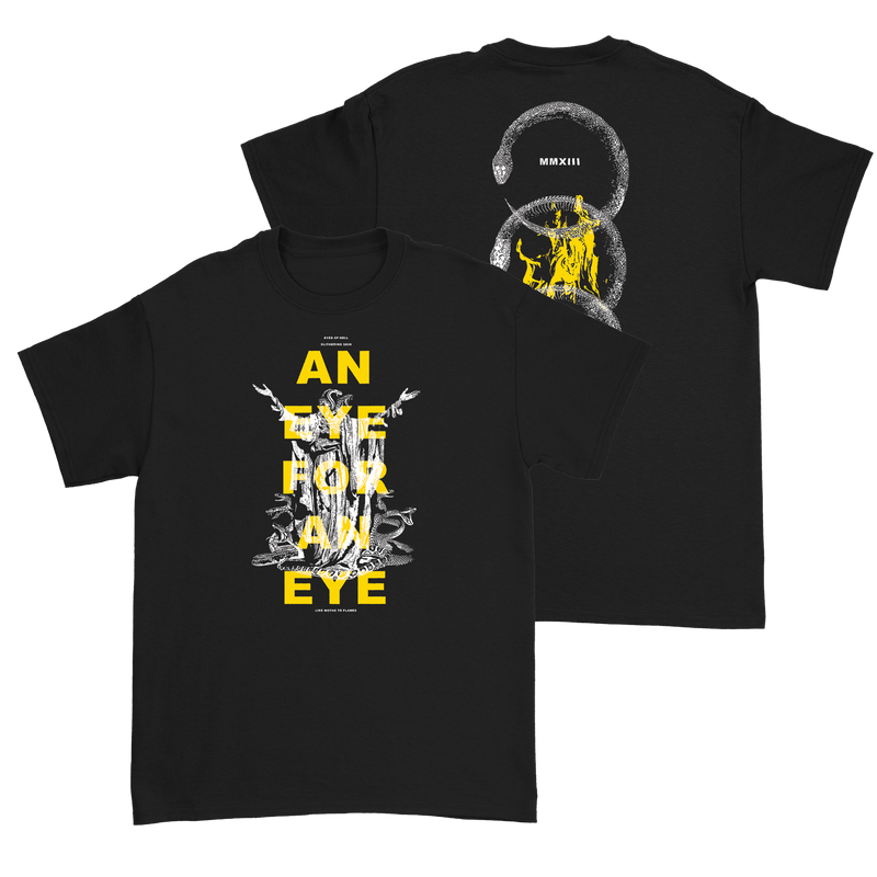 a black t-shirt with yellow text