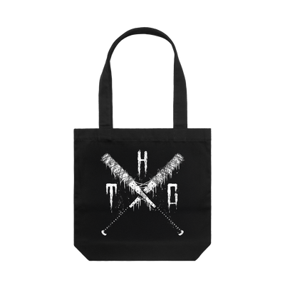 a black bag with white text on it