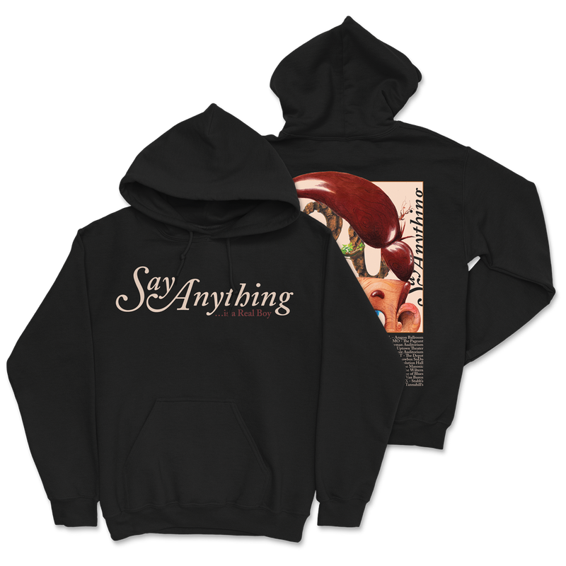 a black sweatshirt with white text on it