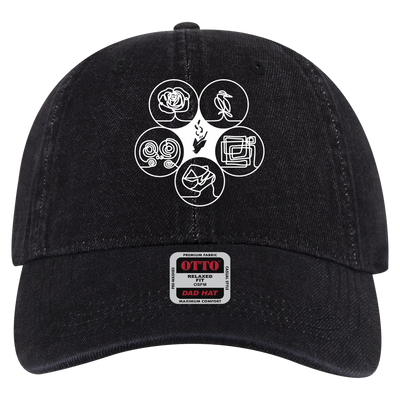 a black hat with white design on it
